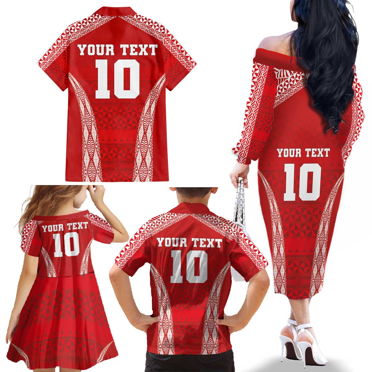 Custom Tonga Pacific Rugby 2024 Family Matching Off The Shoulder Long Sleeve Dress and Hawaiian Shirt Ngatu Tribal Pattern LT03 - Polynesian Pride