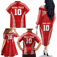 Custom Tonga Pacific Rugby 2024 Family Matching Off The Shoulder Long Sleeve Dress and Hawaiian Shirt Ngatu Tribal Pattern LT03 - Polynesian Pride