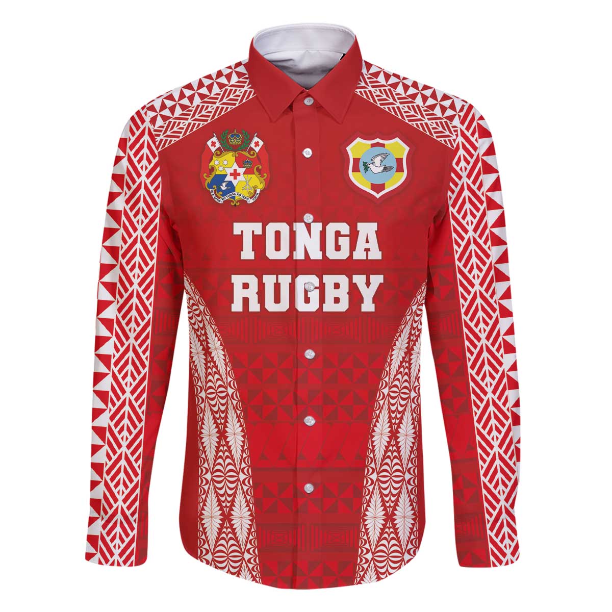 Custom Tonga Pacific Rugby 2024 Family Matching Off The Shoulder Long Sleeve Dress and Hawaiian Shirt Ngatu Tribal Pattern LT03 Dad's Shirt - Long Sleeve Red - Polynesian Pride