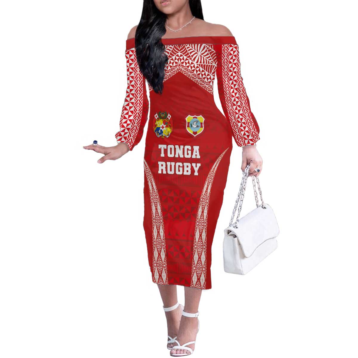Custom Tonga Pacific Rugby 2024 Family Matching Off The Shoulder Long Sleeve Dress and Hawaiian Shirt Ngatu Tribal Pattern LT03 Mom's Dress Red - Polynesian Pride
