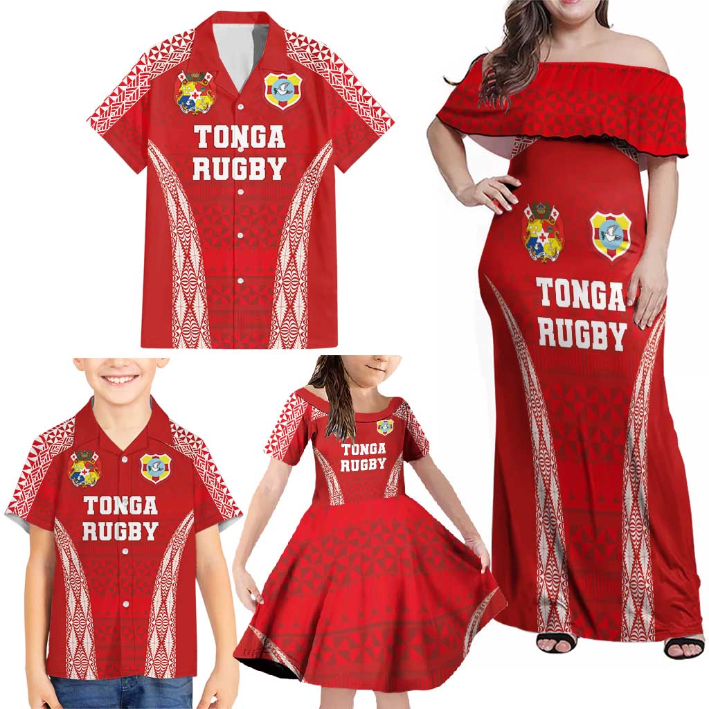 Custom Tonga Pacific Rugby 2024 Family Matching Off Shoulder Maxi Dress and Hawaiian Shirt Ngatu Tribal Pattern LT03 - Polynesian Pride