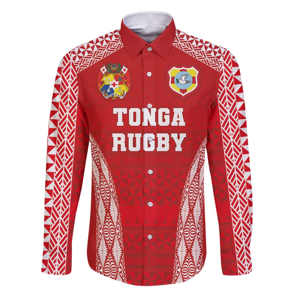 Custom Tonga Pacific Rugby 2024 Family Matching Off Shoulder Maxi Dress and Hawaiian Shirt Ngatu Tribal Pattern LT03 Dad's Shirt - Long Sleeve Red - Polynesian Pride