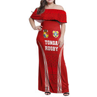 Custom Tonga Pacific Rugby 2024 Family Matching Off Shoulder Maxi Dress and Hawaiian Shirt Ngatu Tribal Pattern LT03 Mom's Dress Red - Polynesian Pride