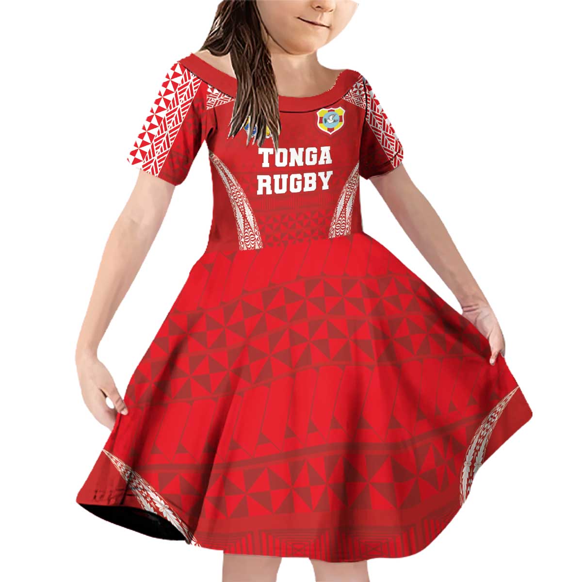 Custom Tonga Pacific Rugby 2024 Family Matching Off Shoulder Short Dress and Hawaiian Shirt Ngatu Tribal Pattern LT03 Daughter's Dress Red - Polynesian Pride