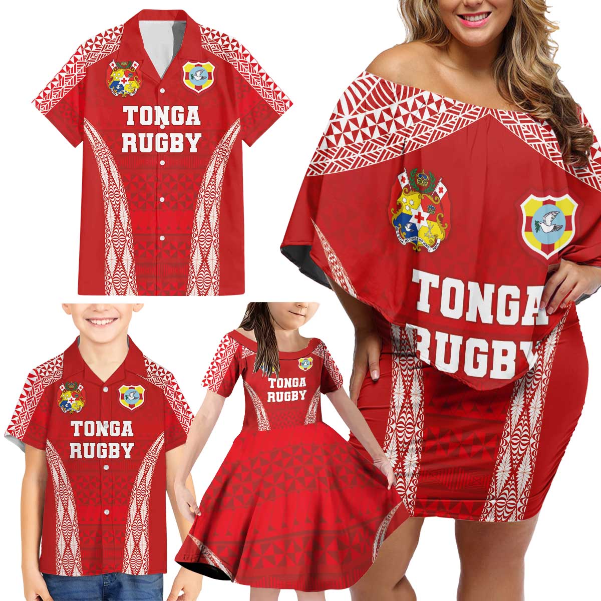 Custom Tonga Pacific Rugby 2024 Family Matching Off Shoulder Short Dress and Hawaiian Shirt Ngatu Tribal Pattern LT03 - Polynesian Pride