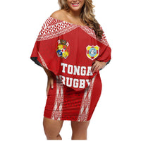 Custom Tonga Pacific Rugby 2024 Family Matching Off Shoulder Short Dress and Hawaiian Shirt Ngatu Tribal Pattern LT03 Mom's Dress Red - Polynesian Pride