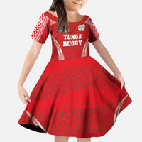 Custom Tonga Pacific Rugby 2024 Family Matching Short Sleeve Bodycon Dress and Hawaiian Shirt Ngatu Tribal Pattern LT03 Daughter's Dress Red - Polynesian Pride