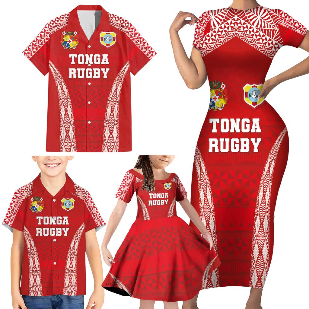 Custom Tonga Pacific Rugby 2024 Family Matching Short Sleeve Bodycon Dress and Hawaiian Shirt Ngatu Tribal Pattern LT03 - Polynesian Pride