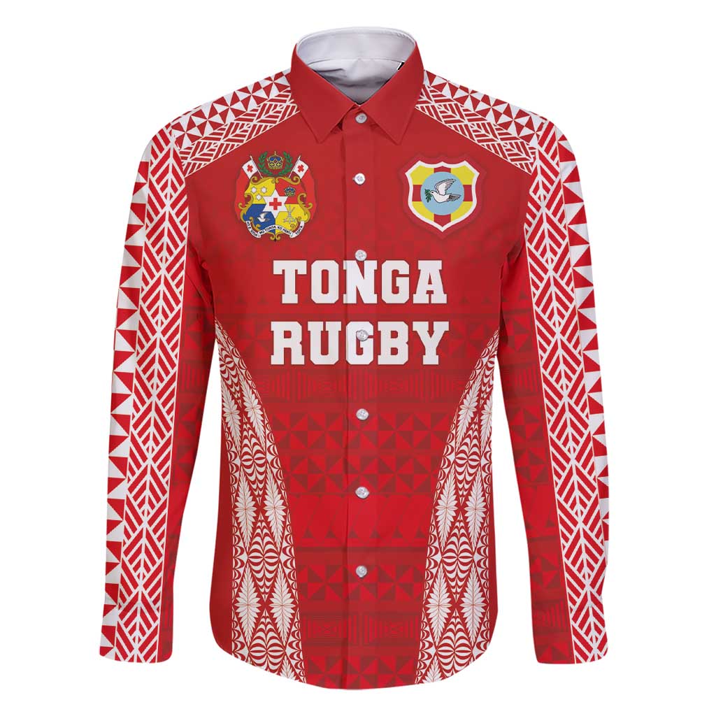 Custom Tonga Pacific Rugby 2024 Family Matching Short Sleeve Bodycon Dress and Hawaiian Shirt Ngatu Tribal Pattern LT03 Dad's Shirt - Long Sleeve Red - Polynesian Pride