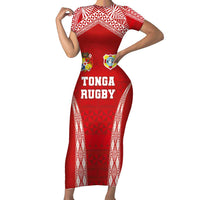 Custom Tonga Pacific Rugby 2024 Family Matching Short Sleeve Bodycon Dress and Hawaiian Shirt Ngatu Tribal Pattern LT03 Mom's Dress Red - Polynesian Pride