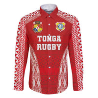 Custom Tonga Pacific Rugby 2024 Family Matching Tank Maxi Dress and Hawaiian Shirt Ngatu Tribal Pattern LT03 Dad's Shirt - Long Sleeve Red - Polynesian Pride