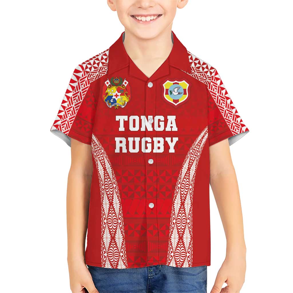 Custom Tonga Pacific Rugby 2024 Kid Hawaiian Shirt Ngatu Tribal Pattern LT03 Kid Red - Polynesian Pride
