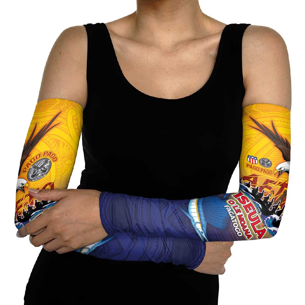 American Samoa Fautasi Arm Sleeves Bald Eage and Sailfish with Kakau Motifs - Polynesian Pride
