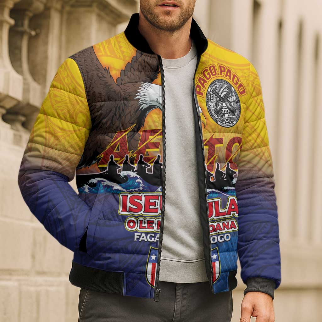 American Samoa Fautasi Bomber Puffer Jacket Bald Eage and Sailfish with Kakau Motifs - Polynesian Pride