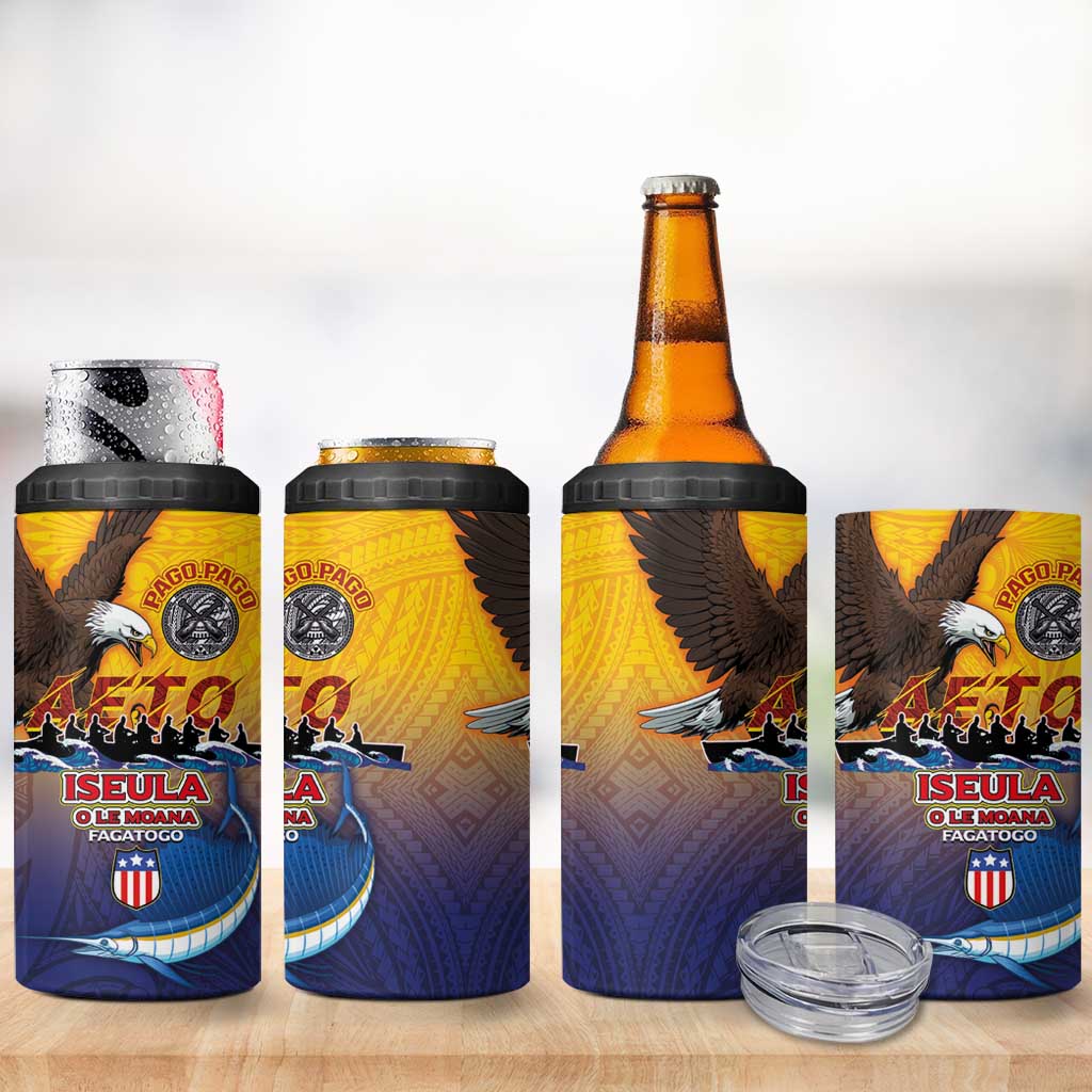 American Samoa Fautasi 4 in 1 Can Cooler Tumbler Bald Eage and Sailfish with Kakau Motifs LT03 - Polynesian Pride