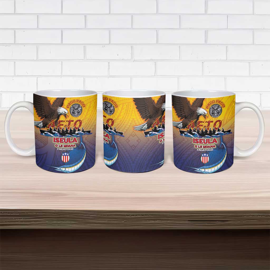 American Samoa Fautasi Ceramic Mug Bald Eage and Sailfish with Kakau Motifs - Polynesian Pride