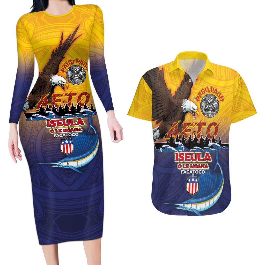 American Samoa Fautasi Couples Matching Long Sleeve Bodycon Dress and Hawaiian Shirt Bald Eage and Sailfish with Kakau Motifs LT03 Yellow - Polynesian Pride