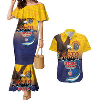 American Samoa Fautasi Couples Matching Mermaid Dress and Hawaiian Shirt Bald Eage and Sailfish with Kakau Motifs LT03 Yellow - Polynesian Pride