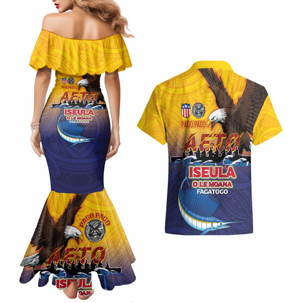 American Samoa Fautasi Couples Matching Mermaid Dress and Hawaiian Shirt Bald Eage and Sailfish with Kakau Motifs LT03 - Polynesian Pride