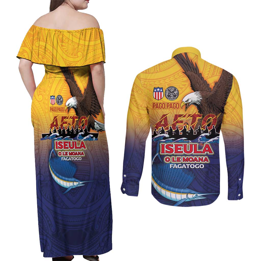 American Samoa Fautasi Couples Matching Off Shoulder Maxi Dress and Long Sleeve Button Shirt Bald Eage and Sailfish with Kakau Motifs LT03 - Polynesian Pride