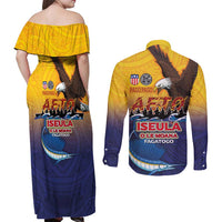 American Samoa Fautasi Couples Matching Off Shoulder Maxi Dress and Long Sleeve Button Shirt Bald Eage and Sailfish with Kakau Motifs LT03 - Polynesian Pride