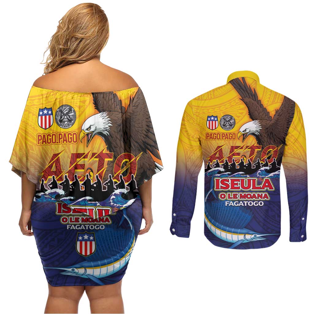 American Samoa Fautasi Couples Matching Off Shoulder Short Dress and Long Sleeve Button Shirt Bald Eage and Sailfish with Kakau Motifs LT03 - Polynesian Pride