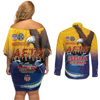 American Samoa Fautasi Couples Matching Off Shoulder Short Dress and Long Sleeve Button Shirt Bald Eage and Sailfish with Kakau Motifs LT03 - Polynesian Pride