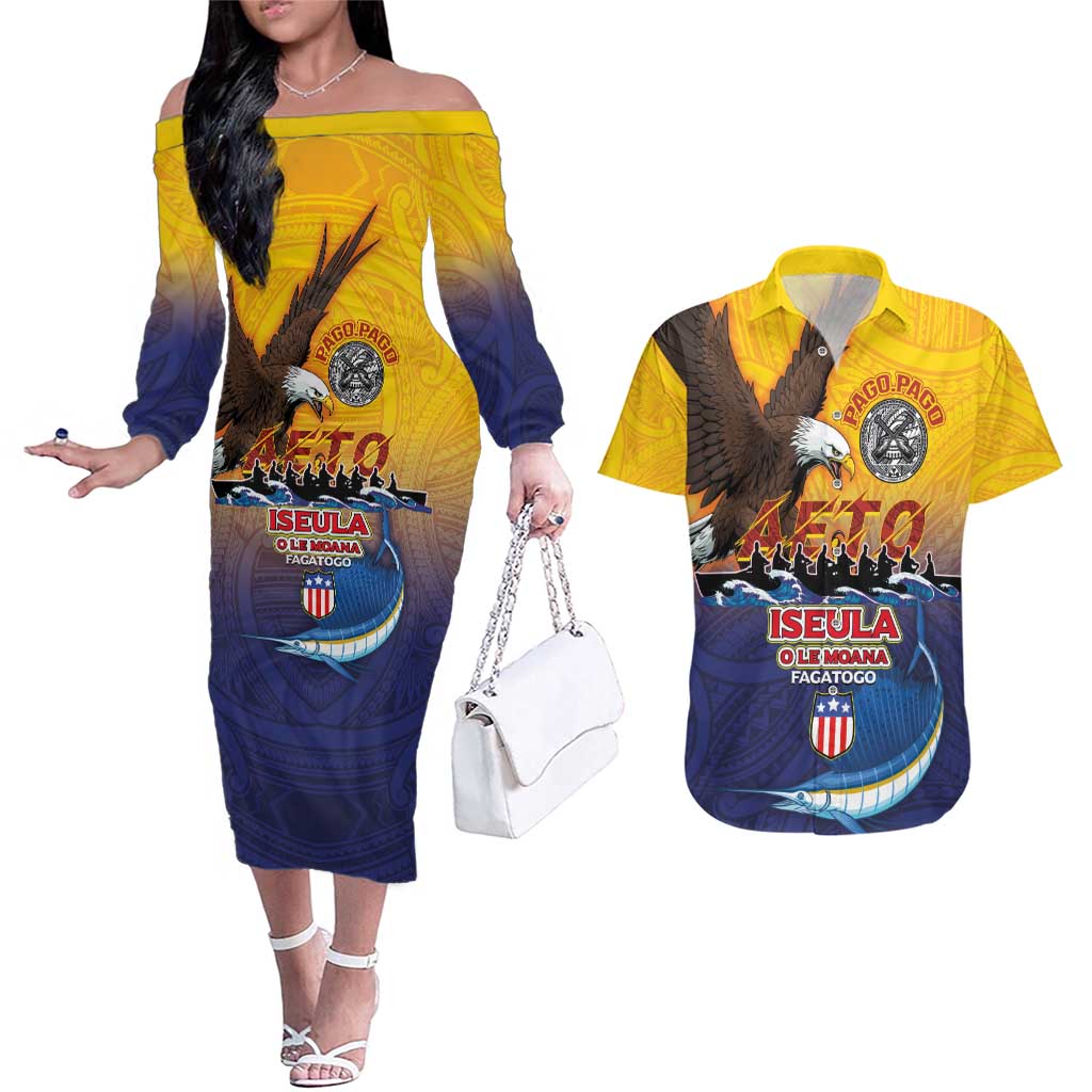 American Samoa Fautasi Couples Matching Off The Shoulder Long Sleeve Dress and Hawaiian Shirt Bald Eage and Sailfish with Kakau Motifs LT03 Yellow - Polynesian Pride