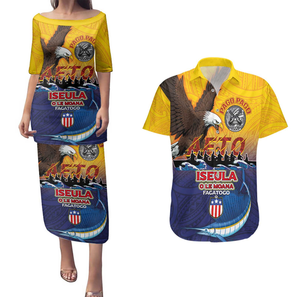 American Samoa Fautasi Couples Matching Puletasi and Hawaiian Shirt Bald Eage and Sailfish with Kakau Motifs LT03 Yellow - Polynesian Pride