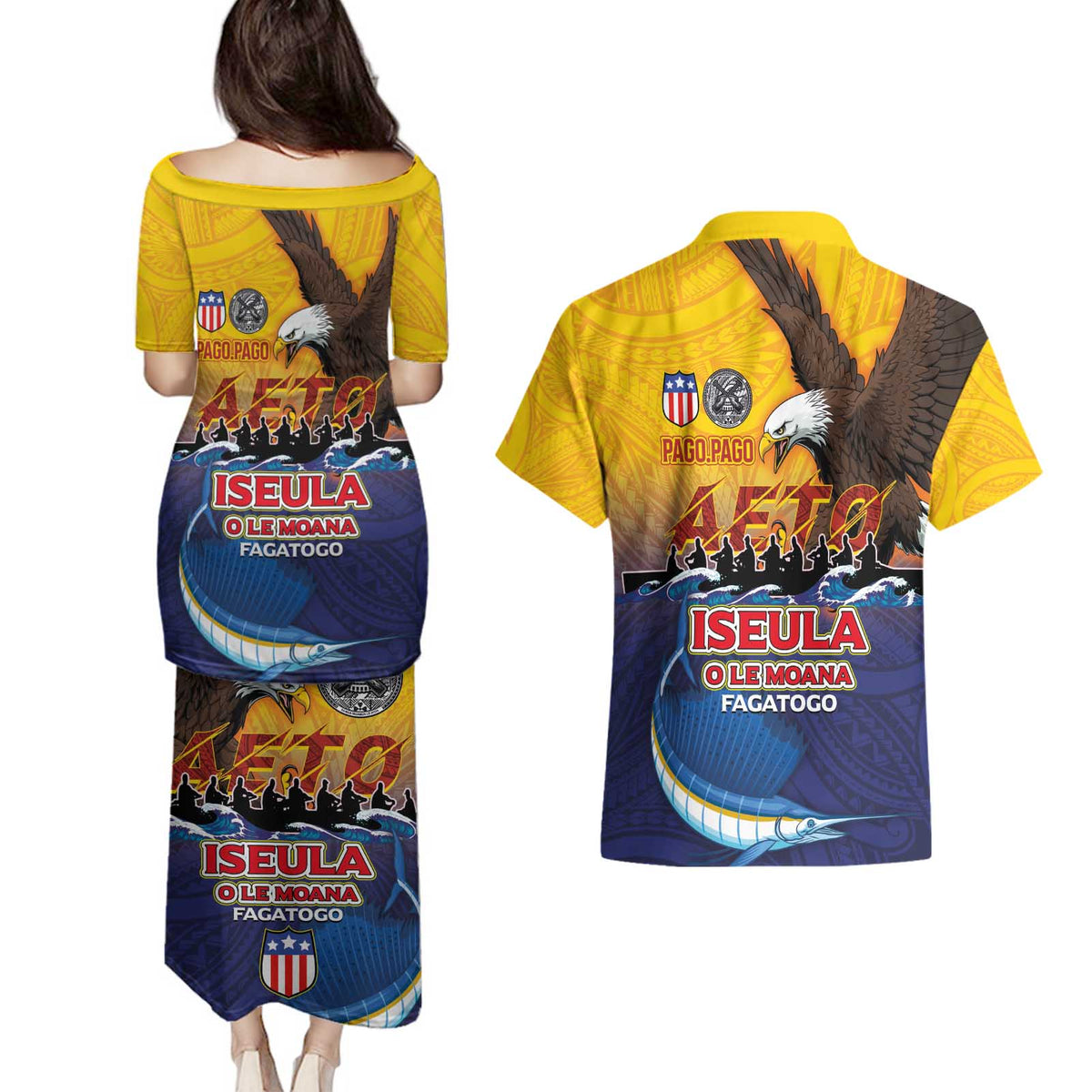 American Samoa Fautasi Couples Matching Puletasi and Hawaiian Shirt Bald Eage and Sailfish with Kakau Motifs LT03 - Polynesian Pride