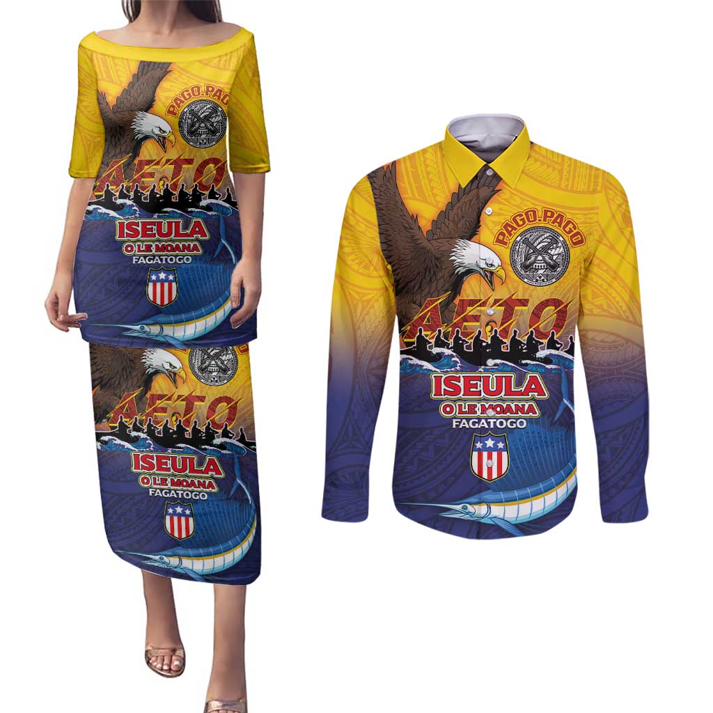 American Samoa Fautasi Couples Matching Puletasi and Long Sleeve Button Shirt Bald Eage and Sailfish with Kakau Motifs LT03 Yellow - Polynesian Pride