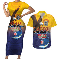 American Samoa Fautasi Couples Matching Short Sleeve Bodycon Dress and Hawaiian Shirt Bald Eage and Sailfish with Kakau Motifs LT03 Yellow - Polynesian Pride