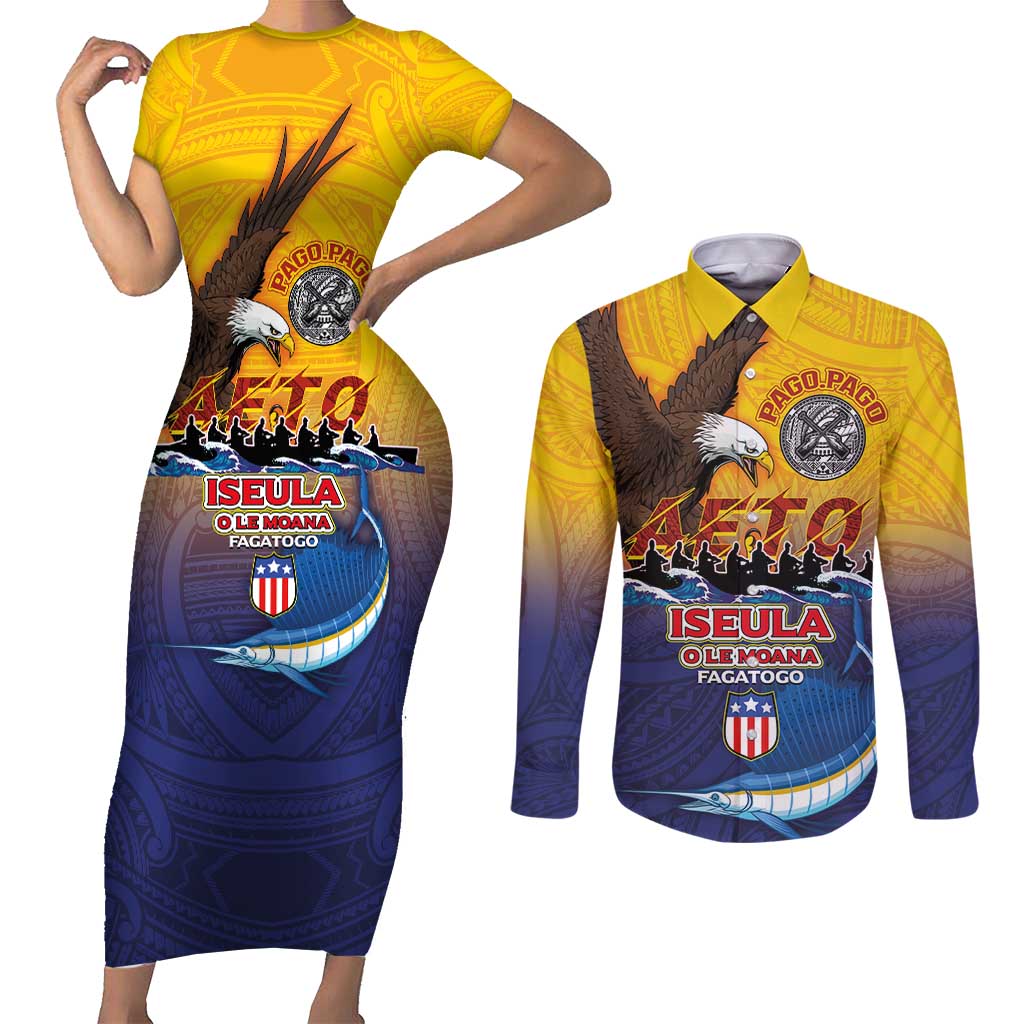 American Samoa Fautasi Couples Matching Short Sleeve Bodycon Dress and Long Sleeve Button Shirt Bald Eage and Sailfish with Kakau Motifs LT03 Yellow - Polynesian Pride