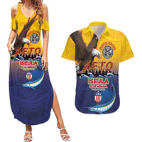 American Samoa Fautasi Couples Matching Summer Maxi Dress and Hawaiian Shirt Bald Eage and Sailfish with Kakau Motifs LT03 Yellow - Polynesian Pride