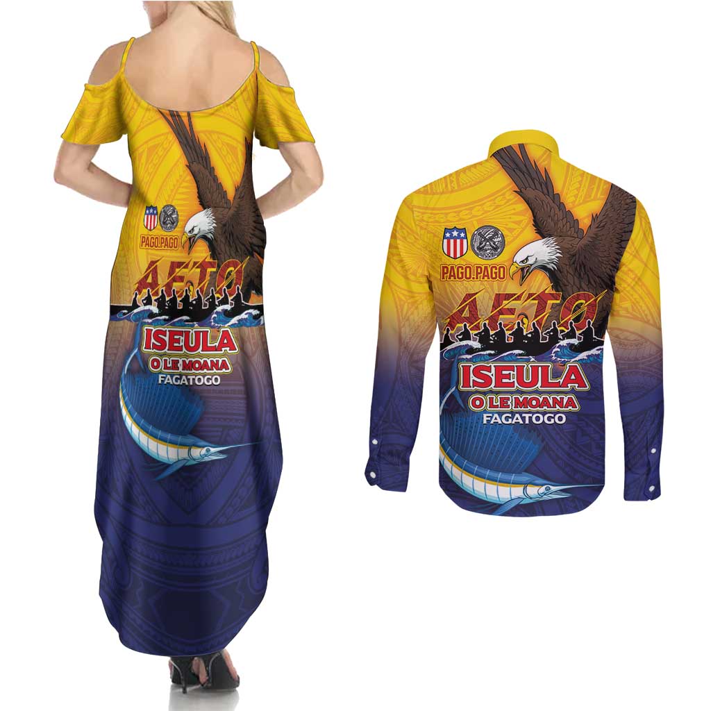 American Samoa Fautasi Couples Matching Summer Maxi Dress and Long Sleeve Button Shirt Bald Eage and Sailfish with Kakau Motifs LT03 - Polynesian Pride