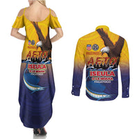American Samoa Fautasi Couples Matching Summer Maxi Dress and Long Sleeve Button Shirt Bald Eage and Sailfish with Kakau Motifs LT03 - Polynesian Pride