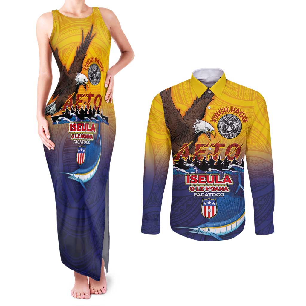 American Samoa Fautasi Couples Matching Tank Maxi Dress and Long Sleeve Button Shirt Bald Eage and Sailfish with Kakau Motifs LT03 Yellow - Polynesian Pride