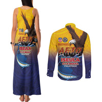 American Samoa Fautasi Couples Matching Tank Maxi Dress and Long Sleeve Button Shirt Bald Eage and Sailfish with Kakau Motifs LT03 - Polynesian Pride