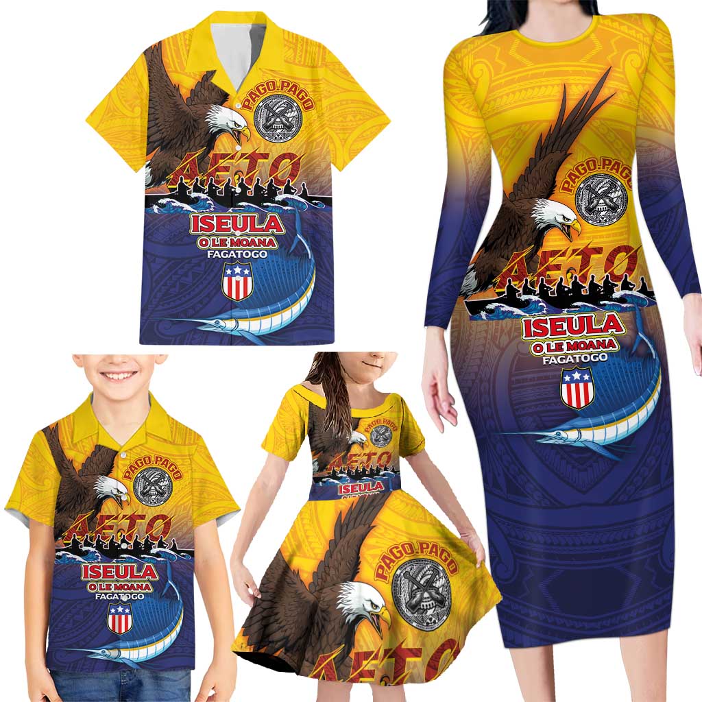 American Samoa Fautasi Family Matching Long Sleeve Bodycon Dress and Hawaiian Shirt Bald Eage and Sailfish with Kakau Motifs LT03 - Polynesian Pride