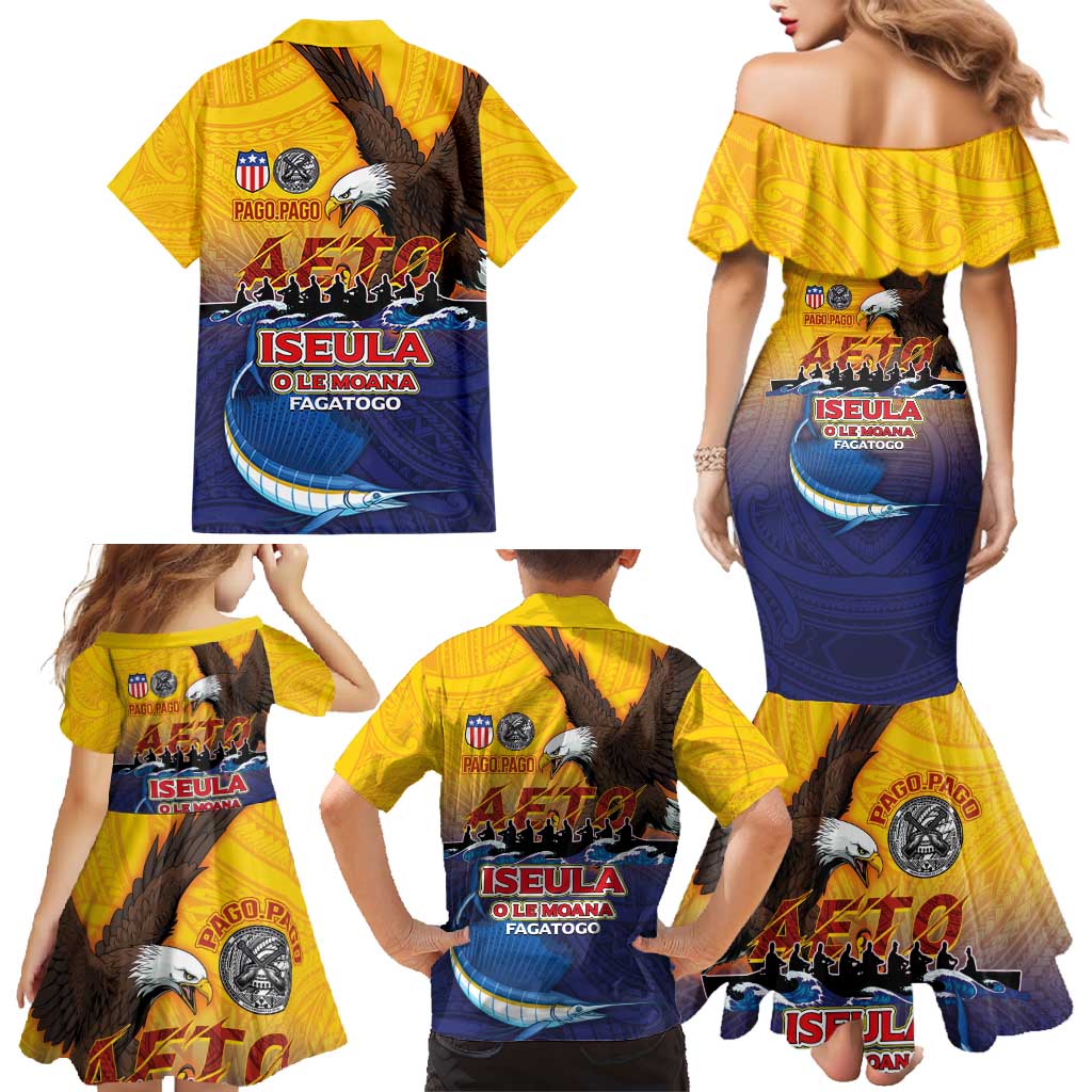 American Samoa Fautasi Family Matching Mermaid Dress and Hawaiian Shirt Bald Eage and Sailfish with Kakau Motifs LT03 - Polynesian Pride