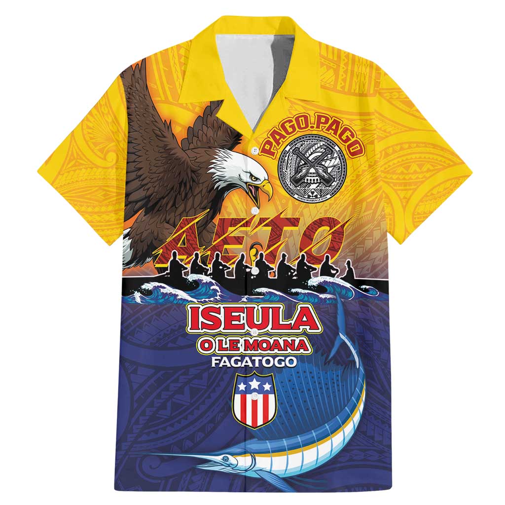 American Samoa Fautasi Family Matching Mermaid Dress and Hawaiian Shirt Bald Eage and Sailfish with Kakau Motifs LT03 Dad's Shirt - Short Sleeve Yellow - Polynesian Pride
