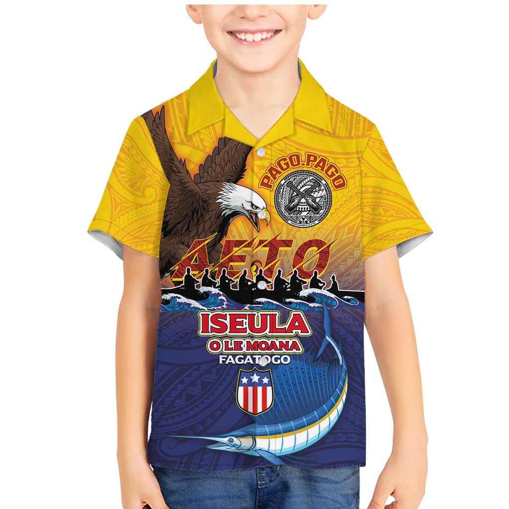 American Samoa Fautasi Family Matching Mermaid Dress and Hawaiian Shirt Bald Eage and Sailfish with Kakau Motifs LT03 Son's Shirt Yellow - Polynesian Pride