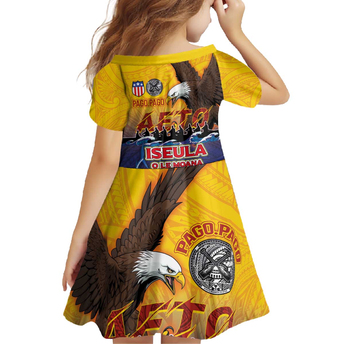 American Samoa Fautasi Family Matching Off The Shoulder Long Sleeve Dress and Hawaiian Shirt Bald Eage and Sailfish with Kakau Motifs LT03 - Polynesian Pride