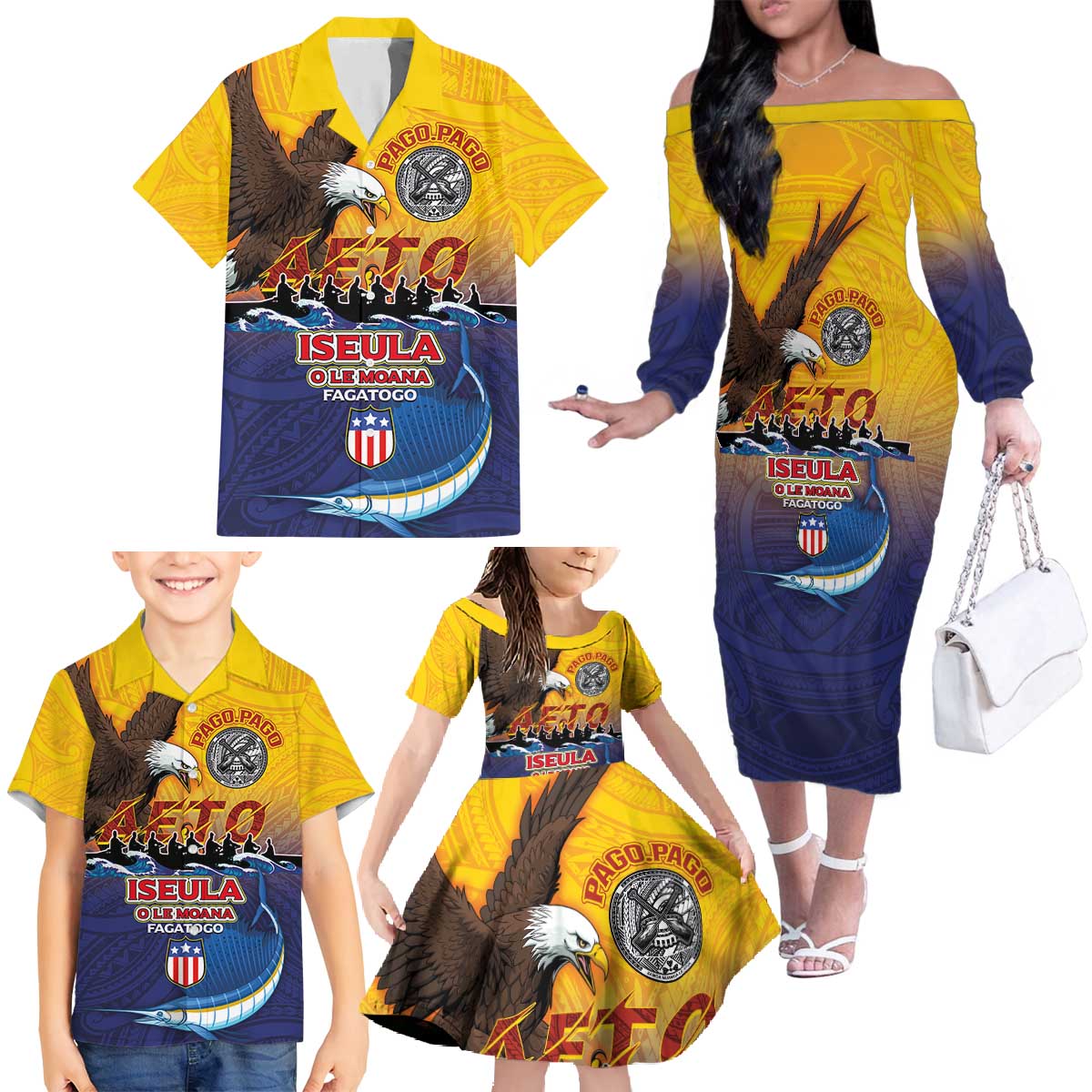 American Samoa Fautasi Family Matching Off The Shoulder Long Sleeve Dress and Hawaiian Shirt Bald Eage and Sailfish with Kakau Motifs LT03 - Polynesian Pride