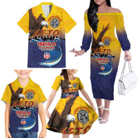American Samoa Fautasi Family Matching Off The Shoulder Long Sleeve Dress and Hawaiian Shirt Bald Eage and Sailfish with Kakau Motifs LT03 - Polynesian Pride