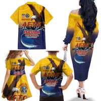 American Samoa Fautasi Family Matching Off The Shoulder Long Sleeve Dress and Hawaiian Shirt Bald Eage and Sailfish with Kakau Motifs LT03 - Polynesian Pride