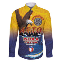 American Samoa Fautasi Family Matching Off The Shoulder Long Sleeve Dress and Hawaiian Shirt Bald Eage and Sailfish with Kakau Motifs LT03 Dad's Shirt - Long Sleeve Yellow - Polynesian Pride