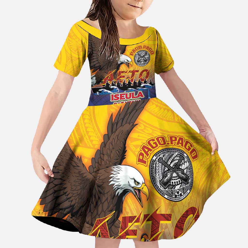 American Samoa Fautasi Family Matching Off Shoulder Maxi Dress and Hawaiian Shirt Bald Eage and Sailfish with Kakau Motifs LT03 Daughter's Dress Yellow - Polynesian Pride
