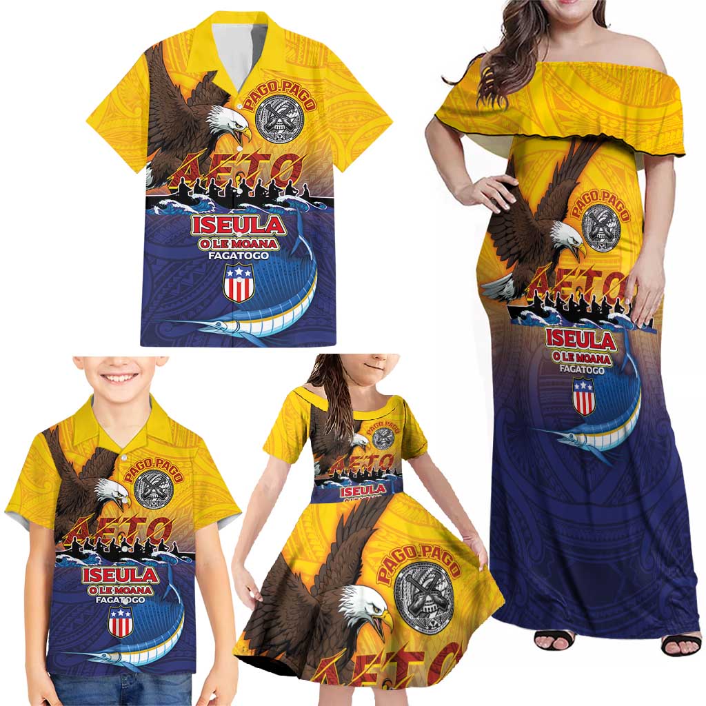 American Samoa Fautasi Family Matching Off Shoulder Maxi Dress and Hawaiian Shirt Bald Eage and Sailfish with Kakau Motifs LT03 - Polynesian Pride