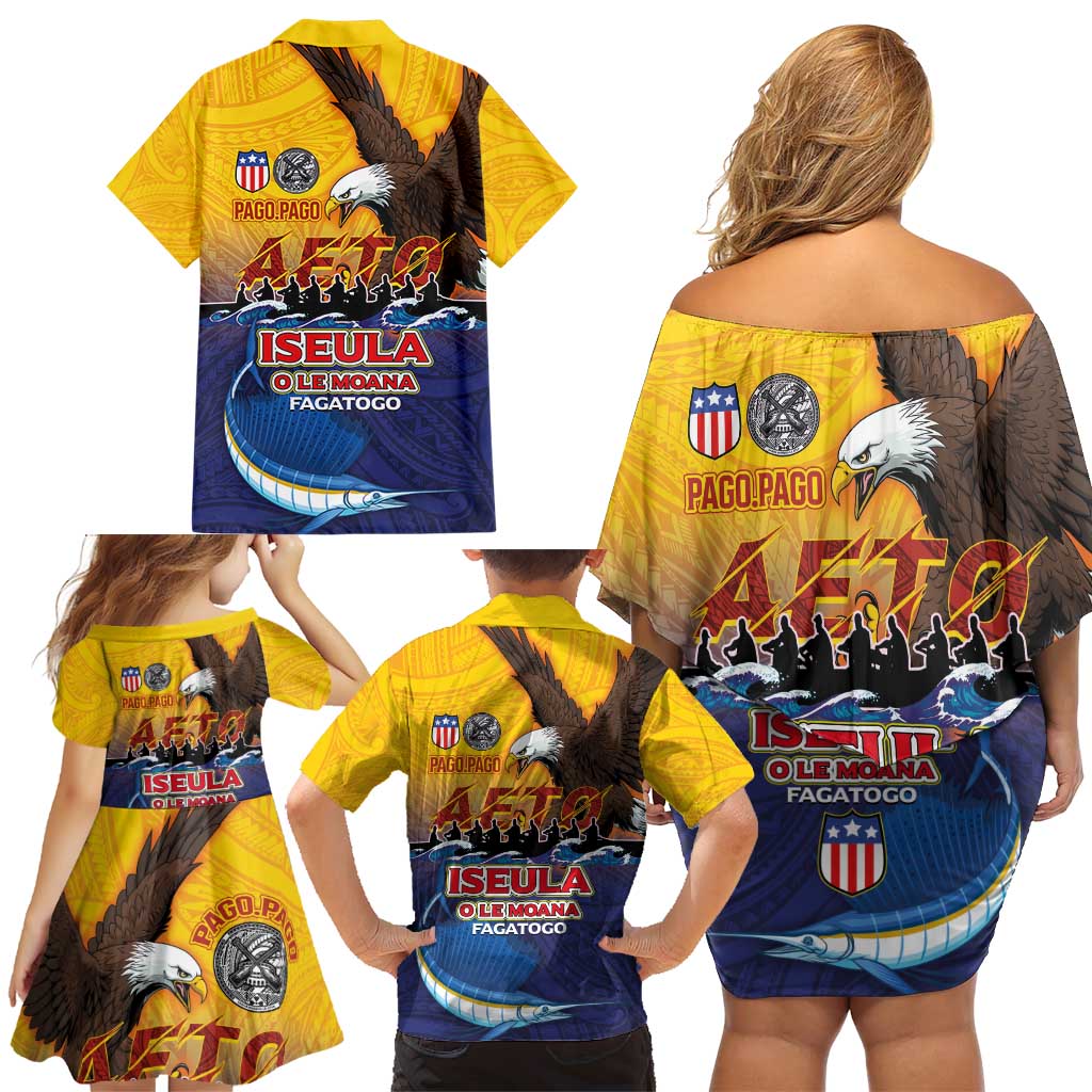 American Samoa Fautasi Family Matching Off Shoulder Short Dress and Hawaiian Shirt Bald Eage and Sailfish with Kakau Motifs LT03 - Polynesian Pride